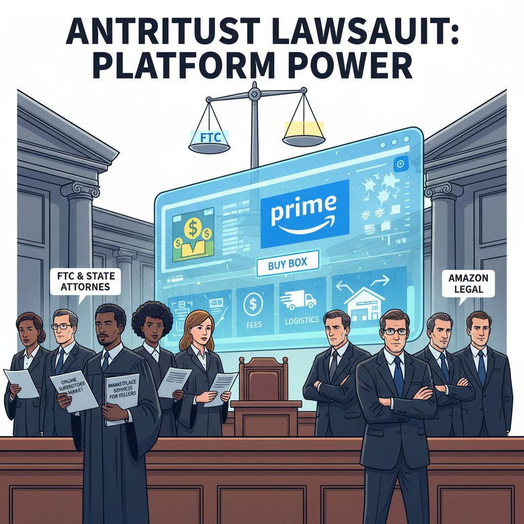 Infographic comparing Amazon share of online retail versus all retail with cityscape of competitors