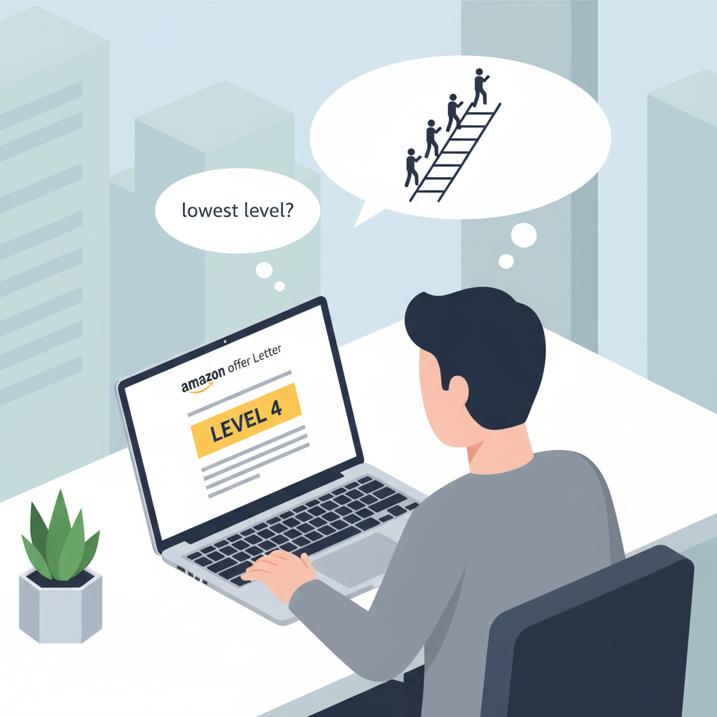 Amazon offer letter on a laptop showing Level 4 highlighted with career ladder thought bubbles