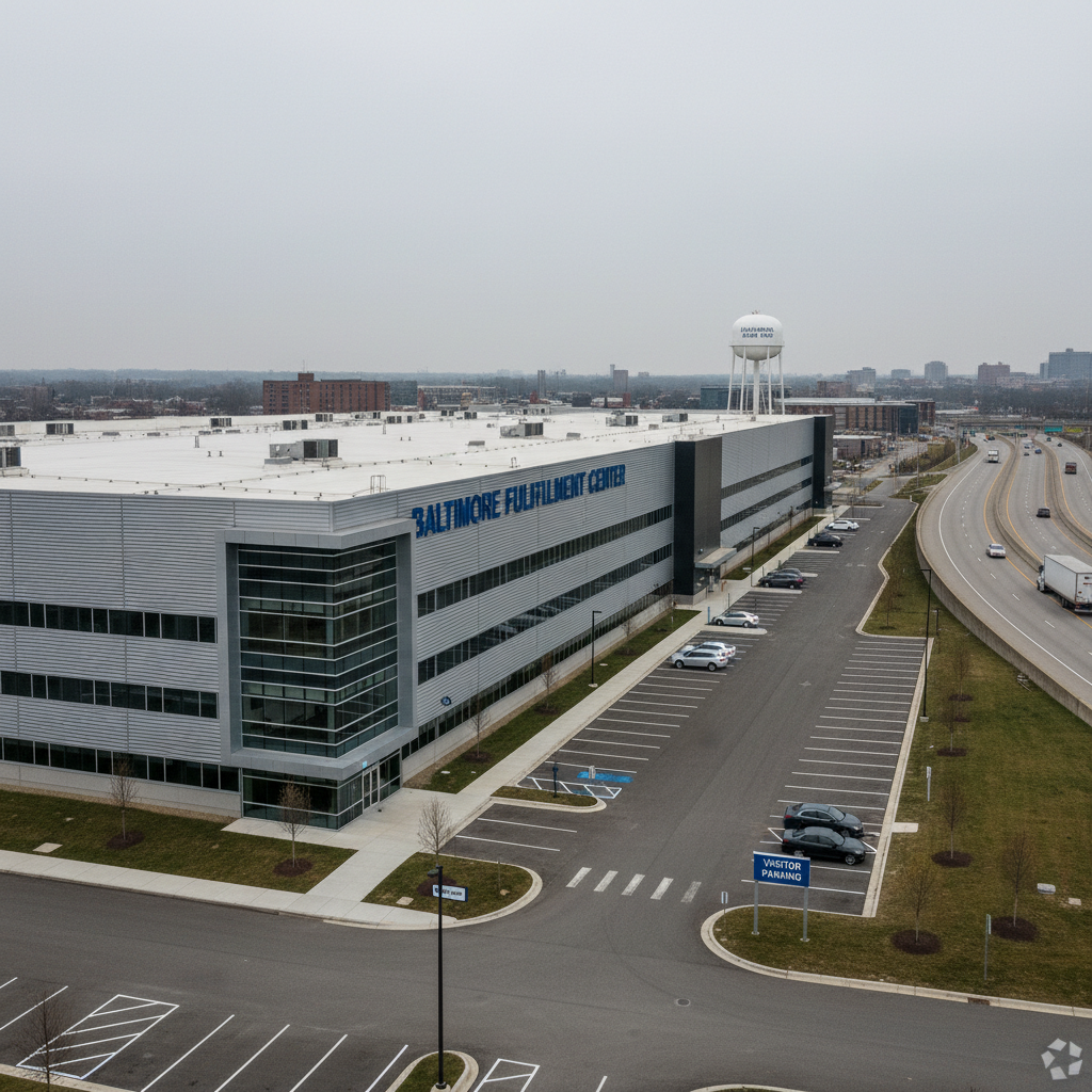 Exterior of a large modern Baltimore fulfillment center complex with a water tower and visitor parking lot