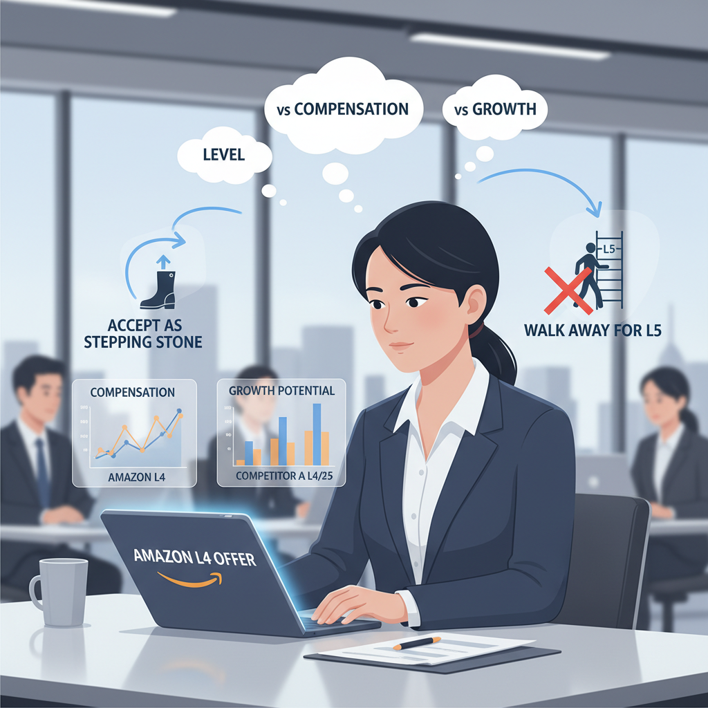 Candidate comparing an Amazon L4 offer with charts, talking about level, compensation, and growth