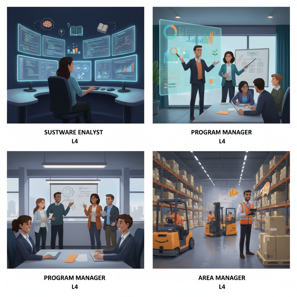 Different Amazon L4 roles including SDE, Business Analyst, Program Manager, and Area Manager