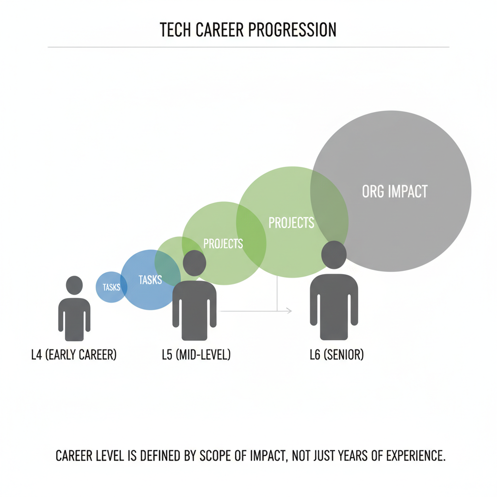 Career infographic comparing L4 early career, L5 mid-level, and L6 senior scope