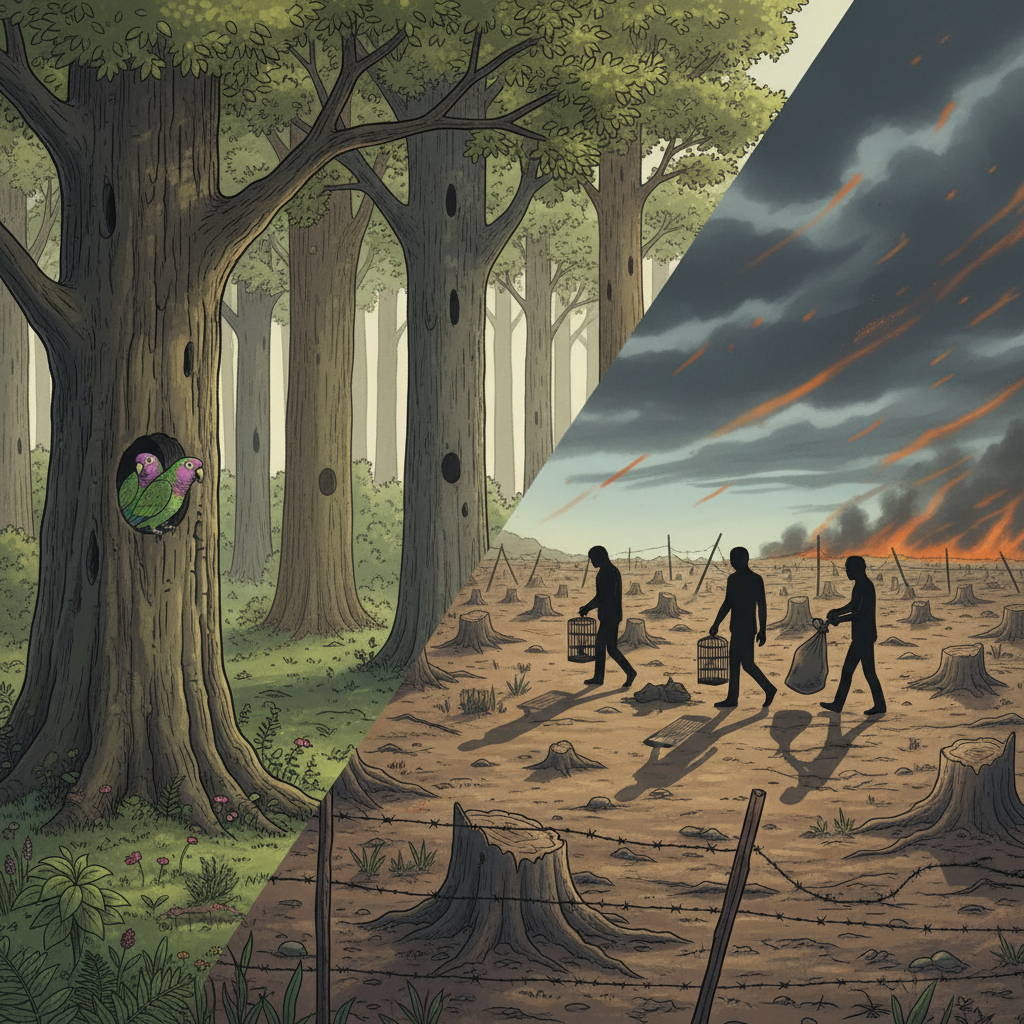 Split-scene illustration of healthy nesting forest and deforested habitat highlighting threats to lilac-crowned amazons