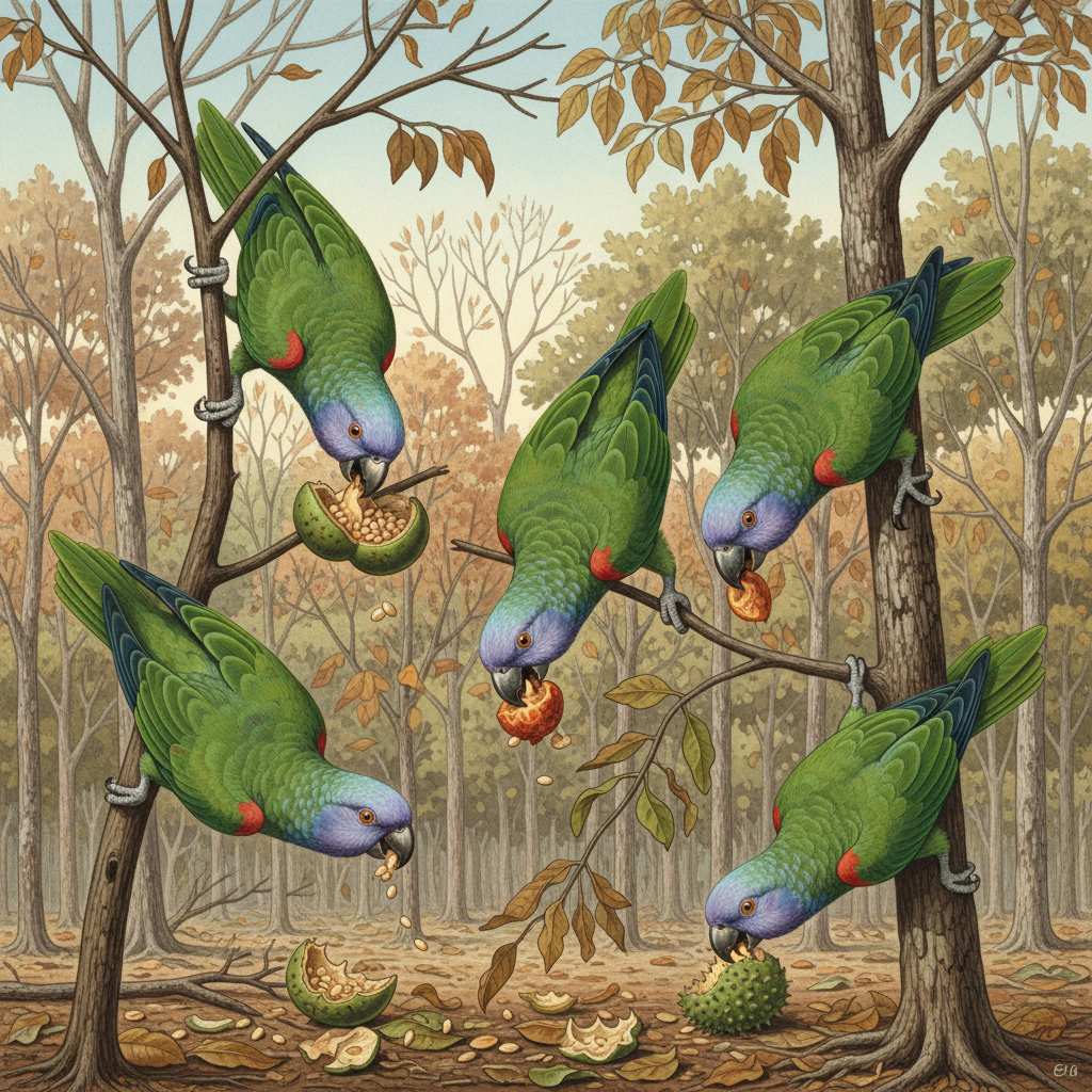 Lilac-crowned amazons foraging for seeds and fruits in tropical dry forest