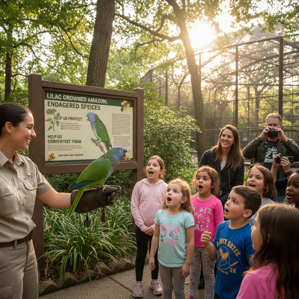 Lilac-crowned amazon ambassador bird in front of an engaged audience at a sanctuary