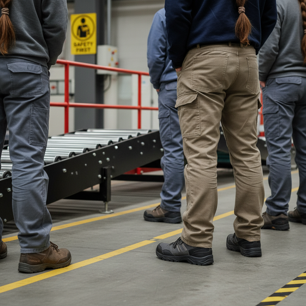 Close-up of visitors’ safe tour attire with closed-toe shoes and safety markings on an industrial floor