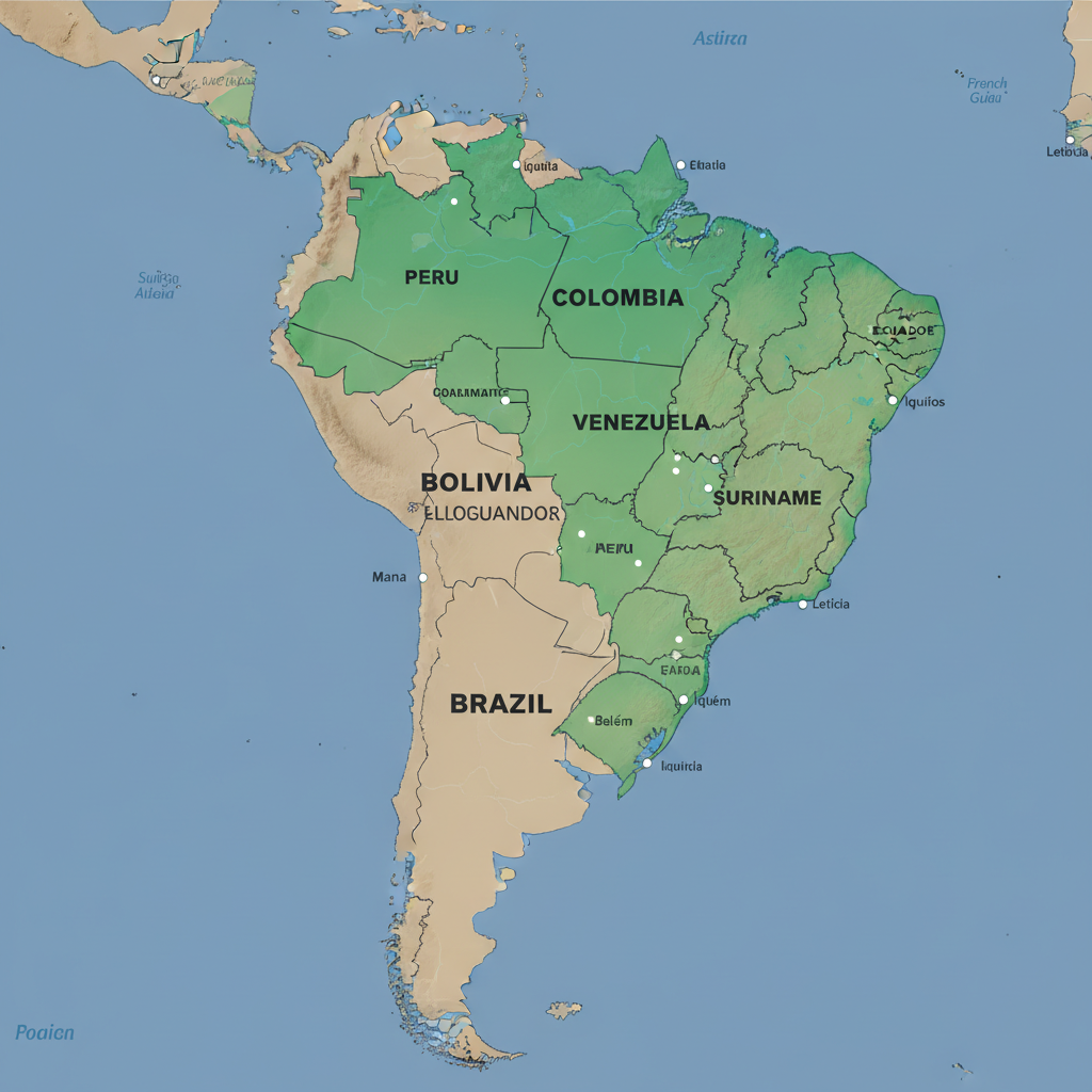 Political map of northern South America with the Amazon rainforest highlighted across nine countries