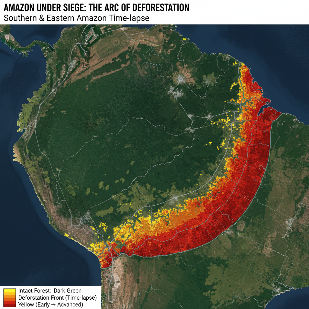 Hydrology map of the Amazon River basin showing drainage, tributaries, and elevation gradient