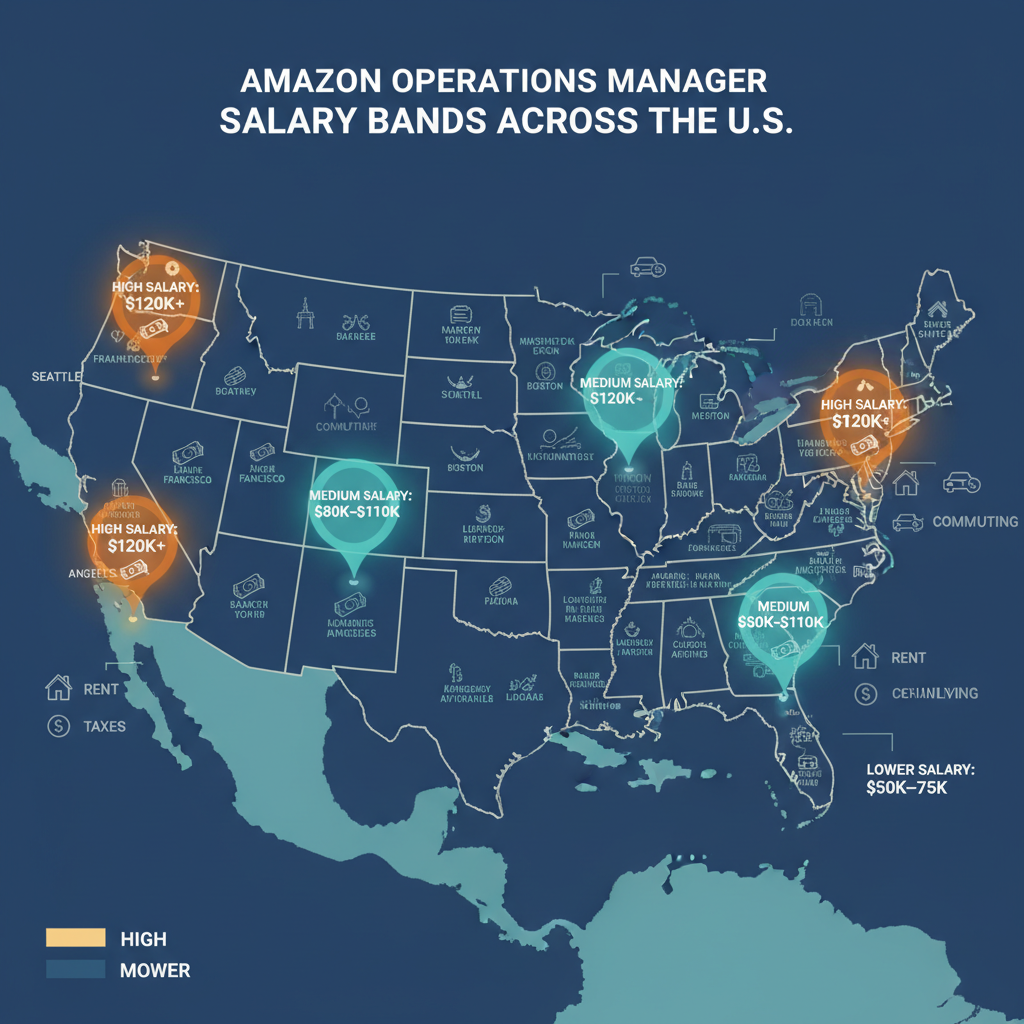 Stylized US map highlighting different salary bands for Amazon operations managers in high, medium, and low cost-of-living regions