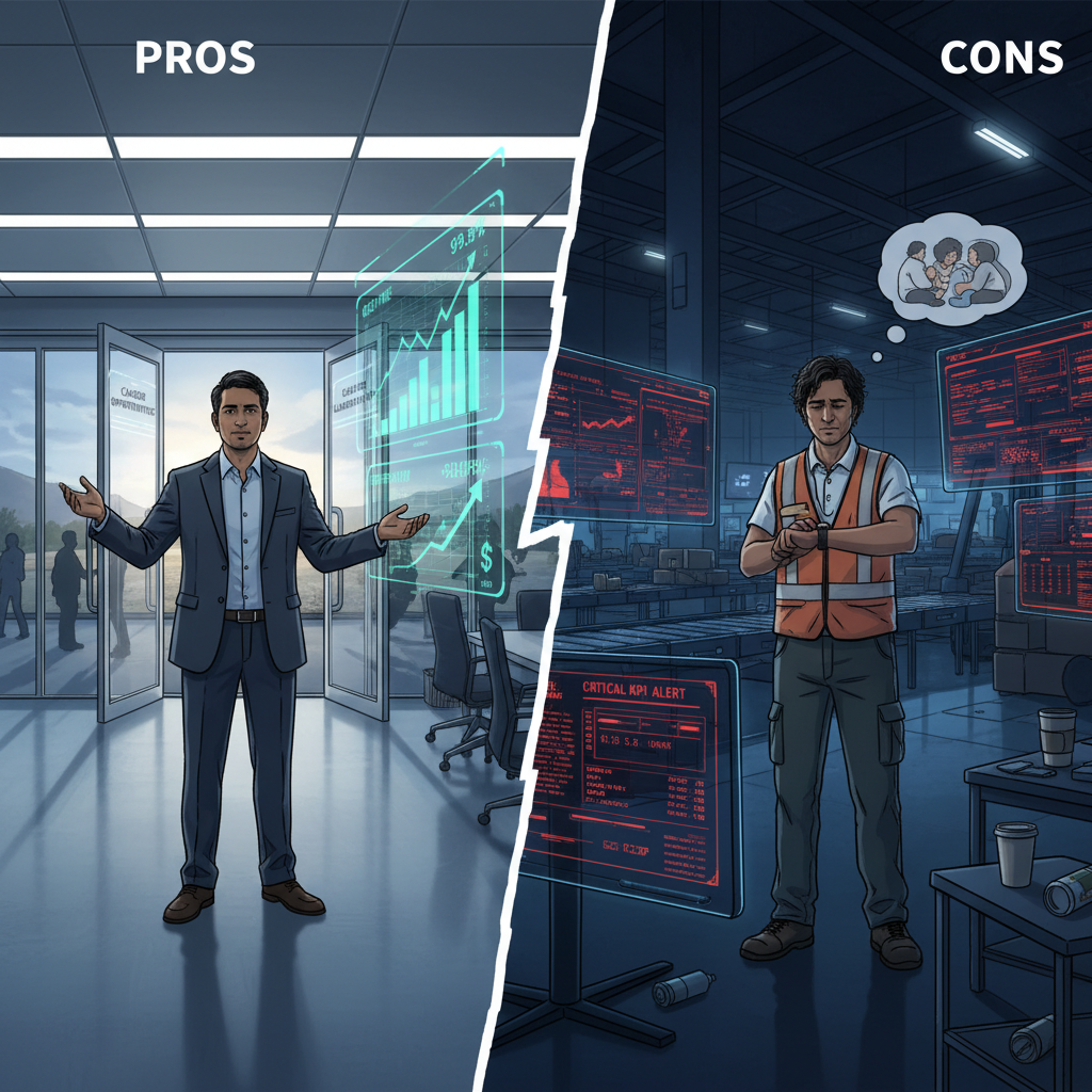 Scene visualizing the pros and cons of being an Amazon operations manager, from career growth to long hours