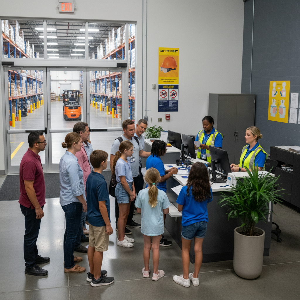 Small group of visitors checking in inside a fulfillment center lobby, receiving badges and safety briefing