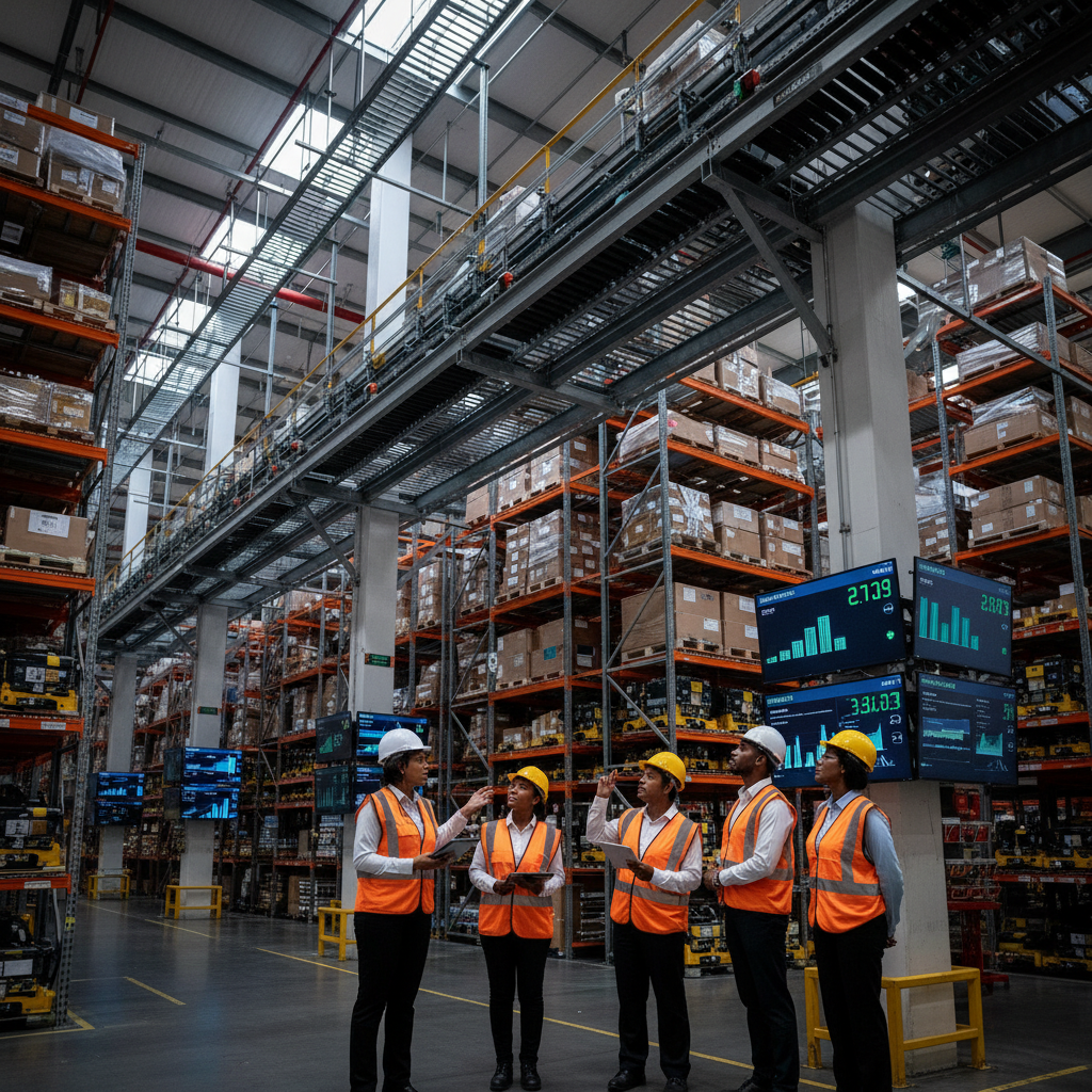 Amazon operations manager leading a team on the fulfillment center floor, surrounded by shelves, robots, and live performance dashboards