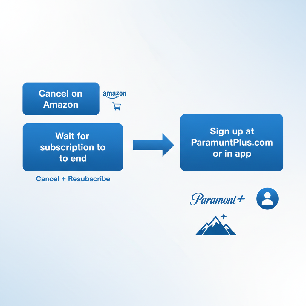 Infographic showing upgrade and downgrade billing behavior for Paramount Plus with clocks, price tags and free trial warning