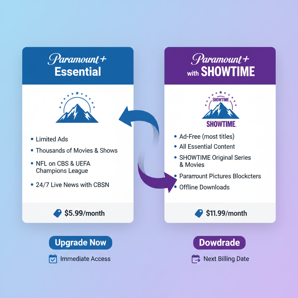 Comparison graphic of Paramount Plus Essential vs with Showtime plans with arrows showing switching between tiers