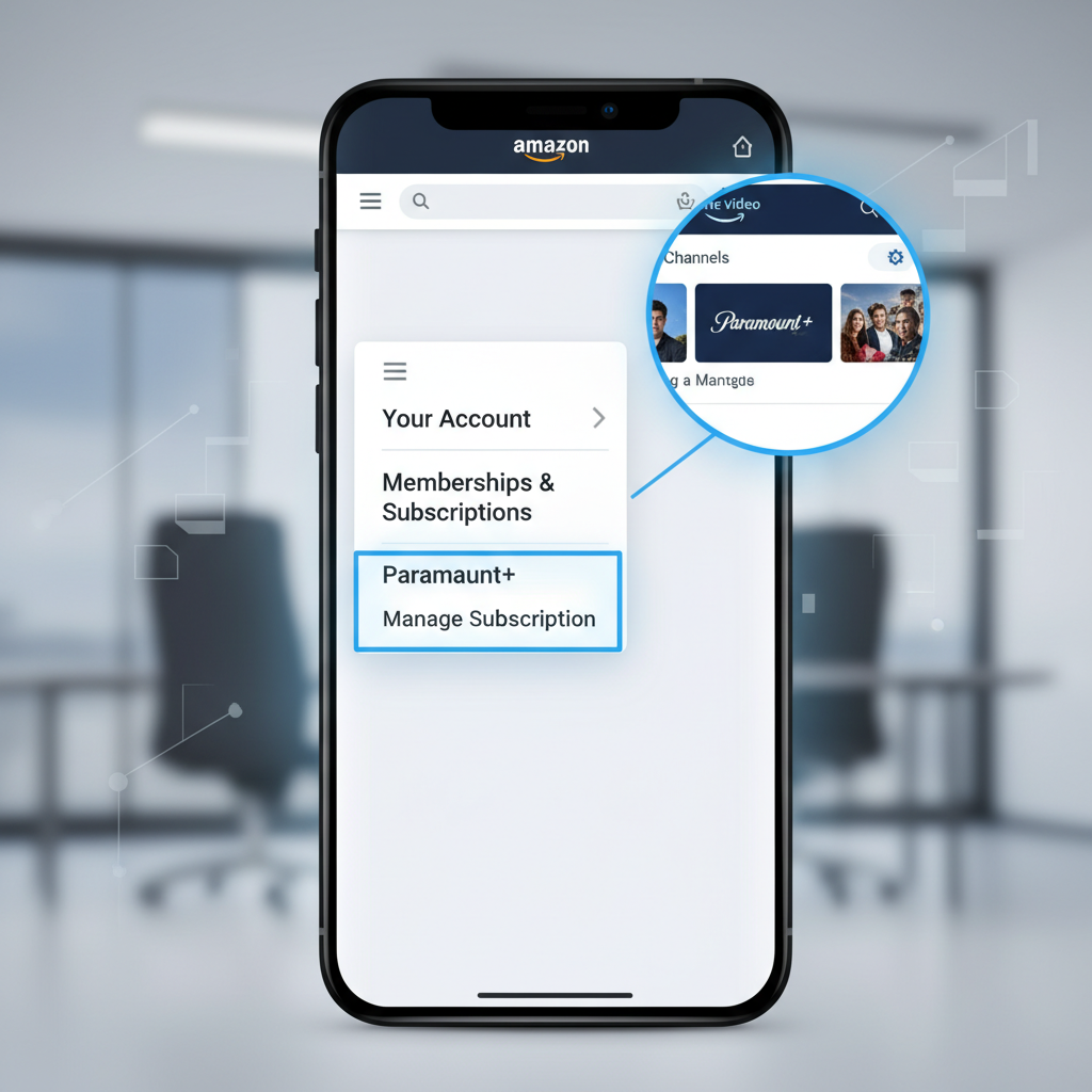 Smartphone view of Amazon site and Prime Video app highlighting mobile path to manage Paramount Plus subscription