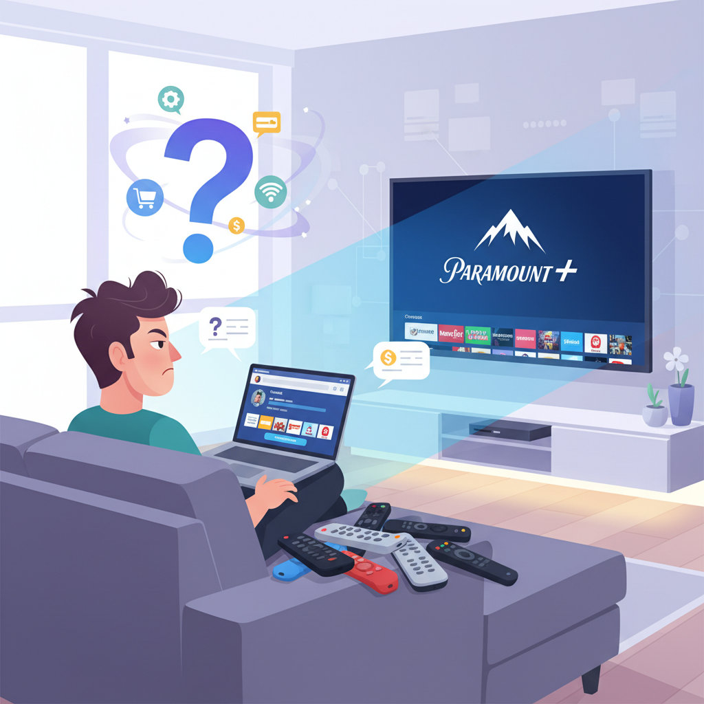 Frustrated viewer surrounded by remotes and Paramount+ on TV while trying to change plan on Amazon