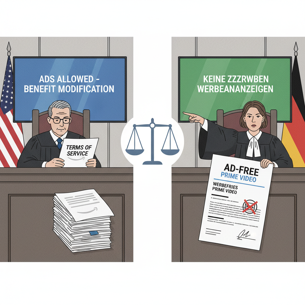 Split illustration of US and German courtrooms deciding on Amazon Prime Video ads and contracts