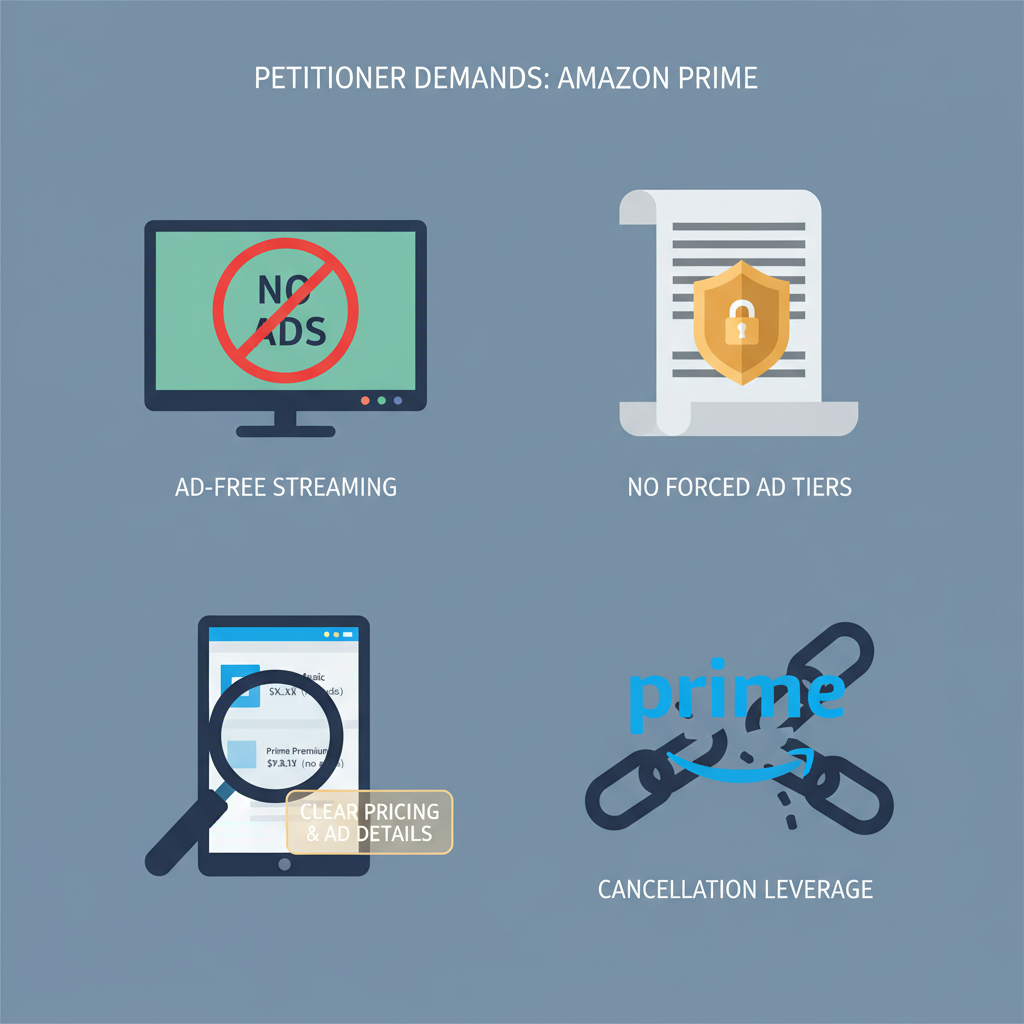 Infographic-style grid of icons showing what petitioners want from Amazon Prime regarding ads