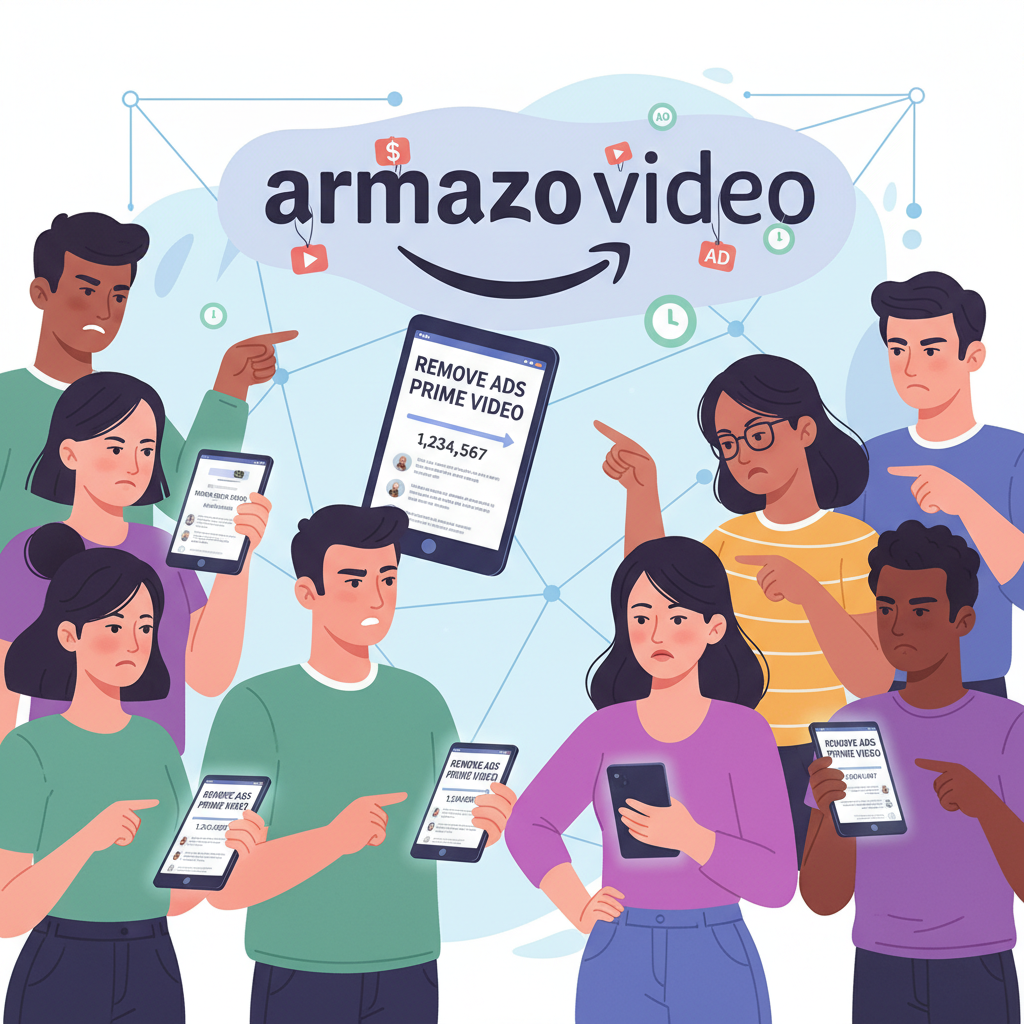 Diverse group of people signing an online petition to remove ads from Prime Video on their devices