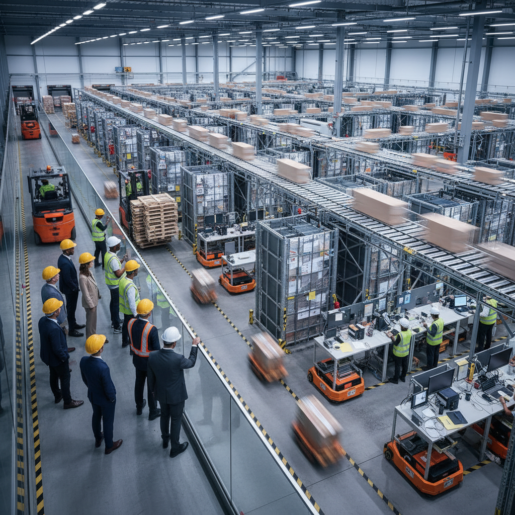 Overhead interior view of an active robotics fulfillment center with inbound pallets, robots, and conveyor network