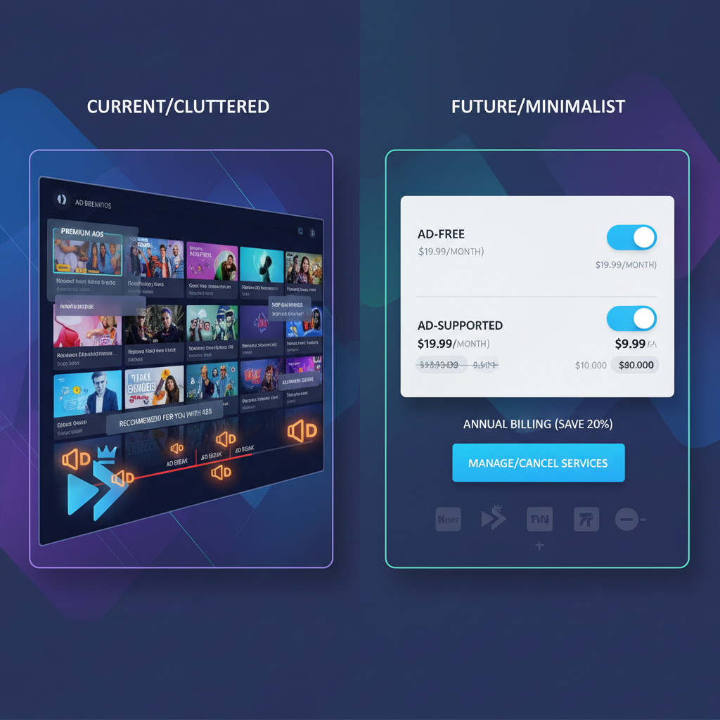 Side-by-side streaming future: cluttered ad-heavy interface versus clean transparent ad and pricing options