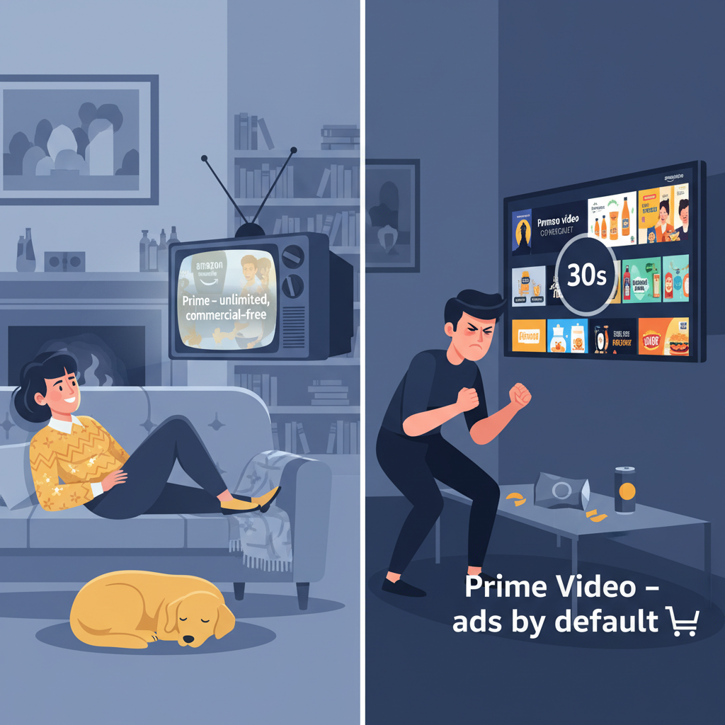 Then-and-now split screen of ad-free versus ad-supported Amazon Prime Video experience in a living room