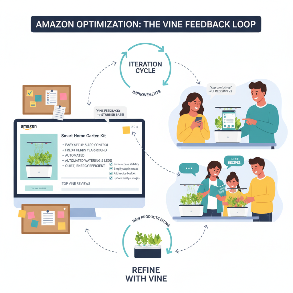 Checklist and workflow showing how to optimize listings and products using Amazon Vine feedback