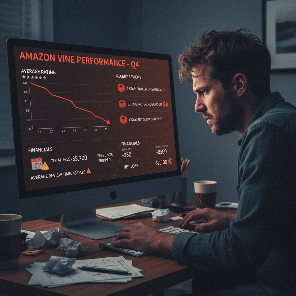 Amazon seller overwhelmed by negative Vine reviews and rising costs, illustrating the downsides of Vine