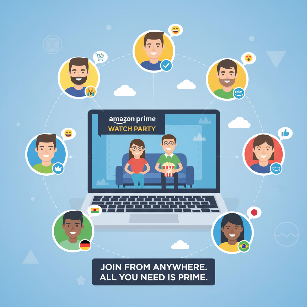 Illustration of Amazon Prime Watch Party concept with laptop, avatars, chat bubbles, and access requirement icons