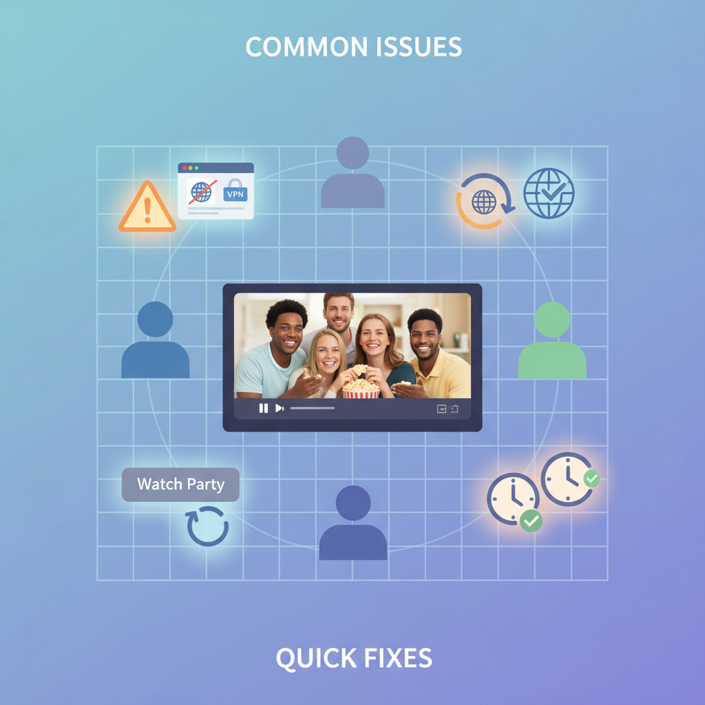 Troubleshooting infographic of common Amazon Prime Watch Party errors and fixes