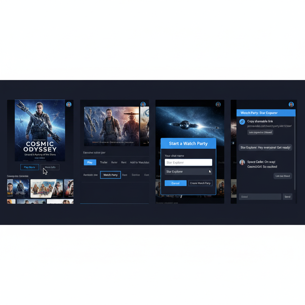 Four-panel visual showing how to start an Amazon Prime Watch Party step by step