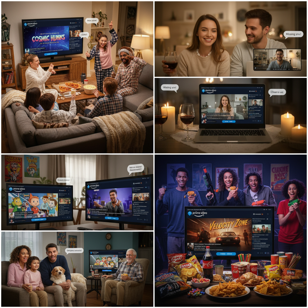 Collage of themed Amazon Prime Watch Parties: show clubs, date nights, family nights, and marathons