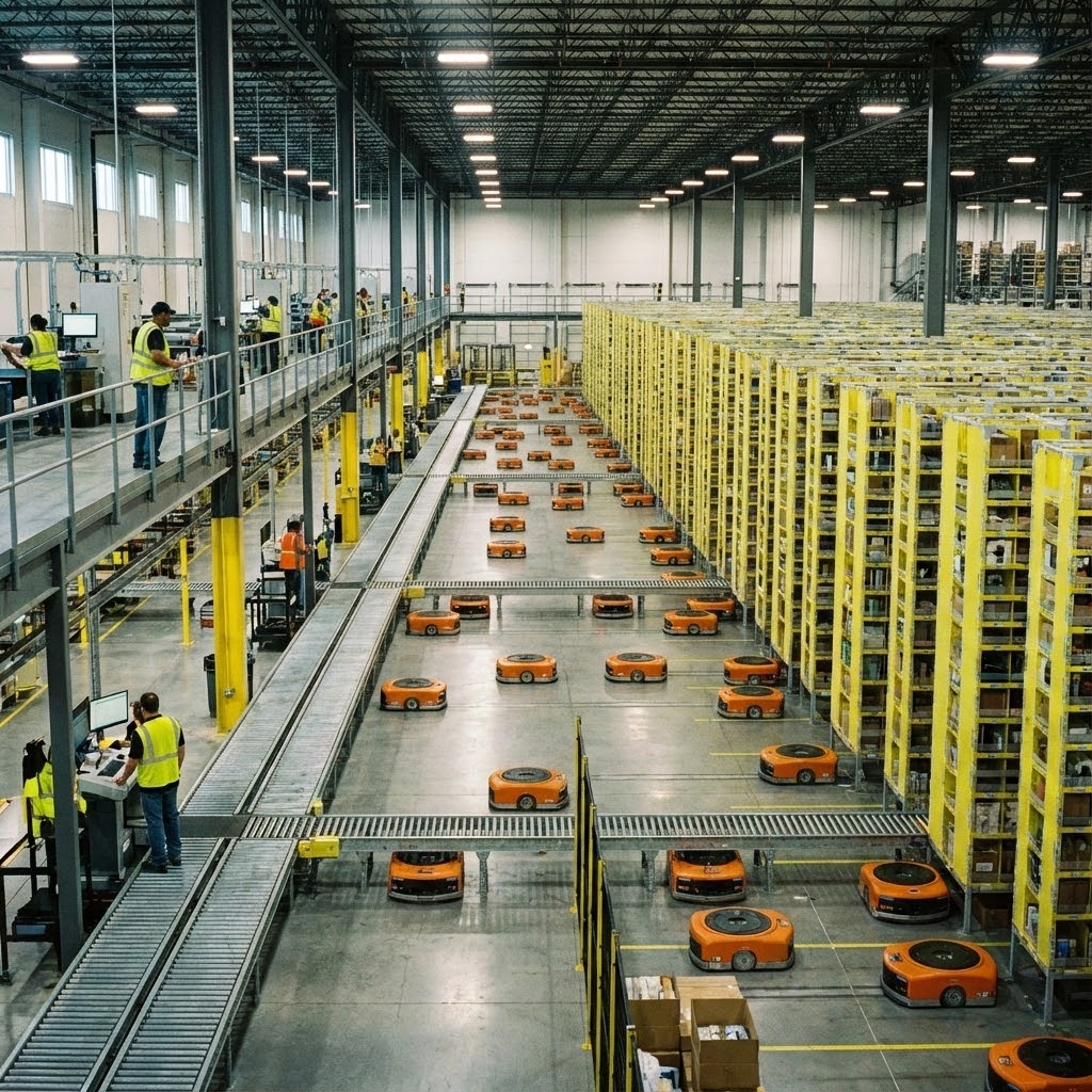 Wide interior view of an Amazon-style robotics sortable fulfillment center with shelves, conveyors, and orange robots in motion
