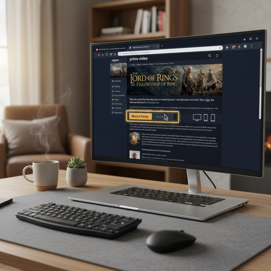 Desktop computer showing Prime Video Watch Party button with other devices faded in the background