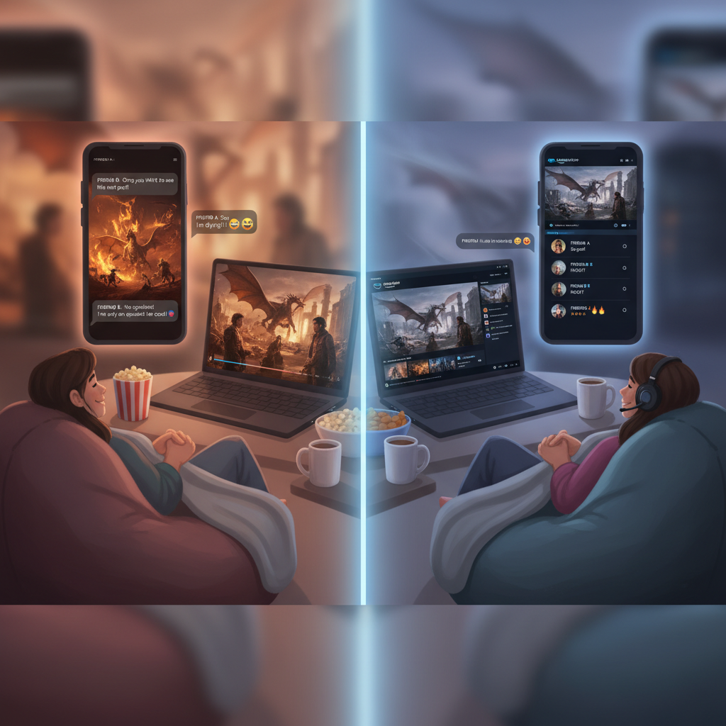 Friends texting out of sync about a TV show then watching together in an Amazon Prime Video Watch Party