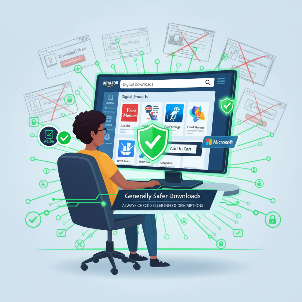 Infographic of the main types of Amazon digital downloads like Kindle, movies, music, games, and gift cards