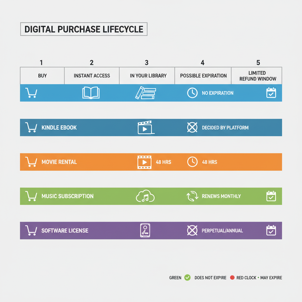 Timeline graphic showing the lifecycle of an Amazon digital purchase and when access or expiration happens