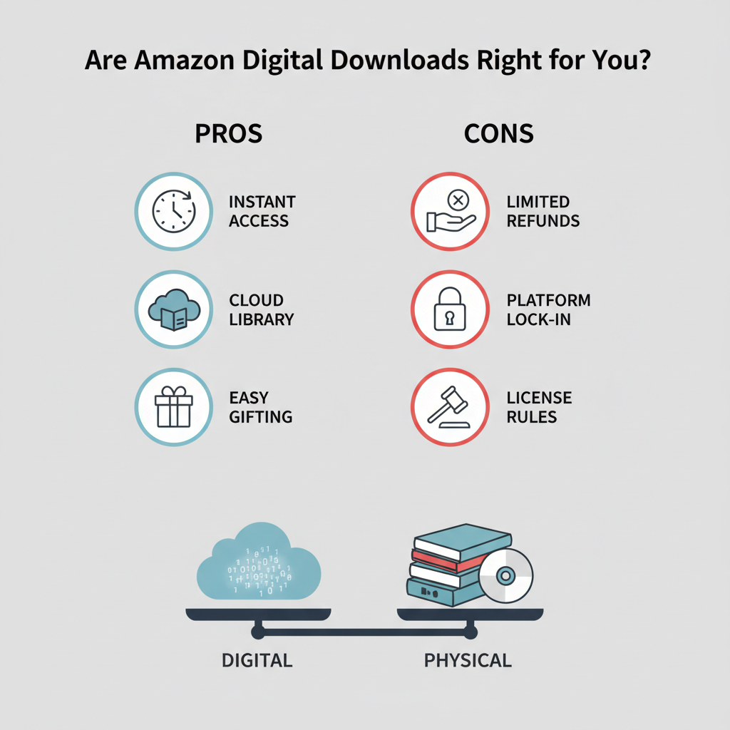 Pros and cons comparison graphic weighing benefits and downsides of Amazon digital downloads