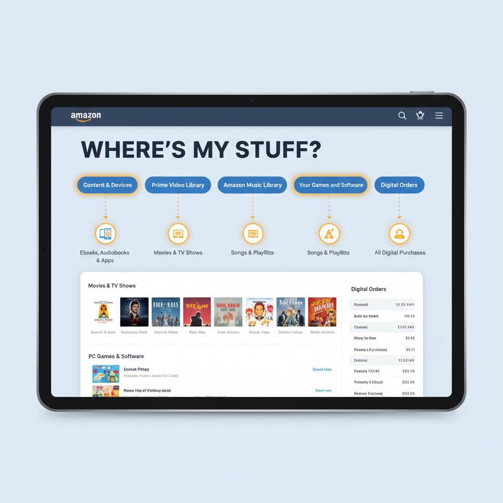 Amazon account interface showing where different digital purchases like books, movies, and software appear