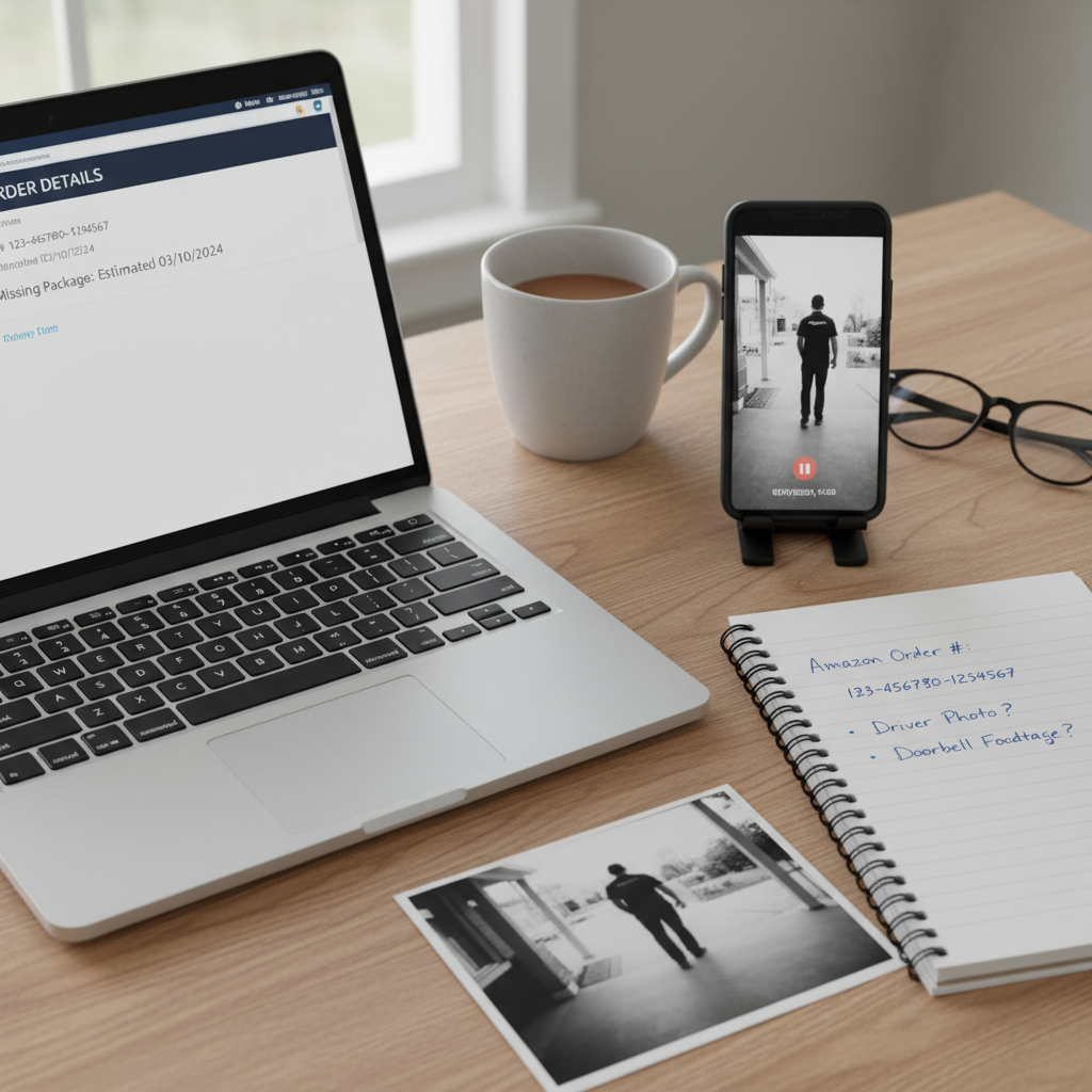 Timeline concept showing delay between delivery scan and actual arrival of Amazon package