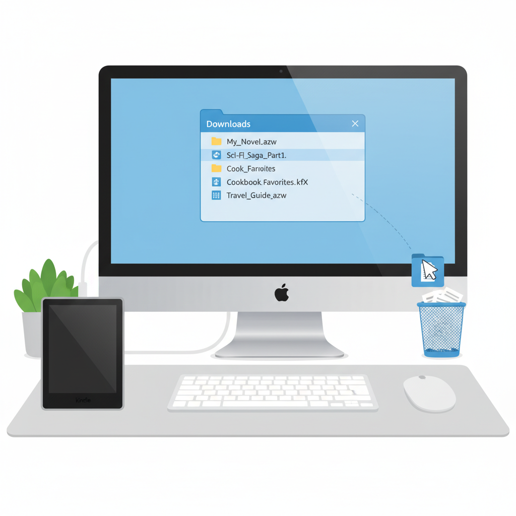 Computer desktop showing Kindle book files being deleted from Downloads folder