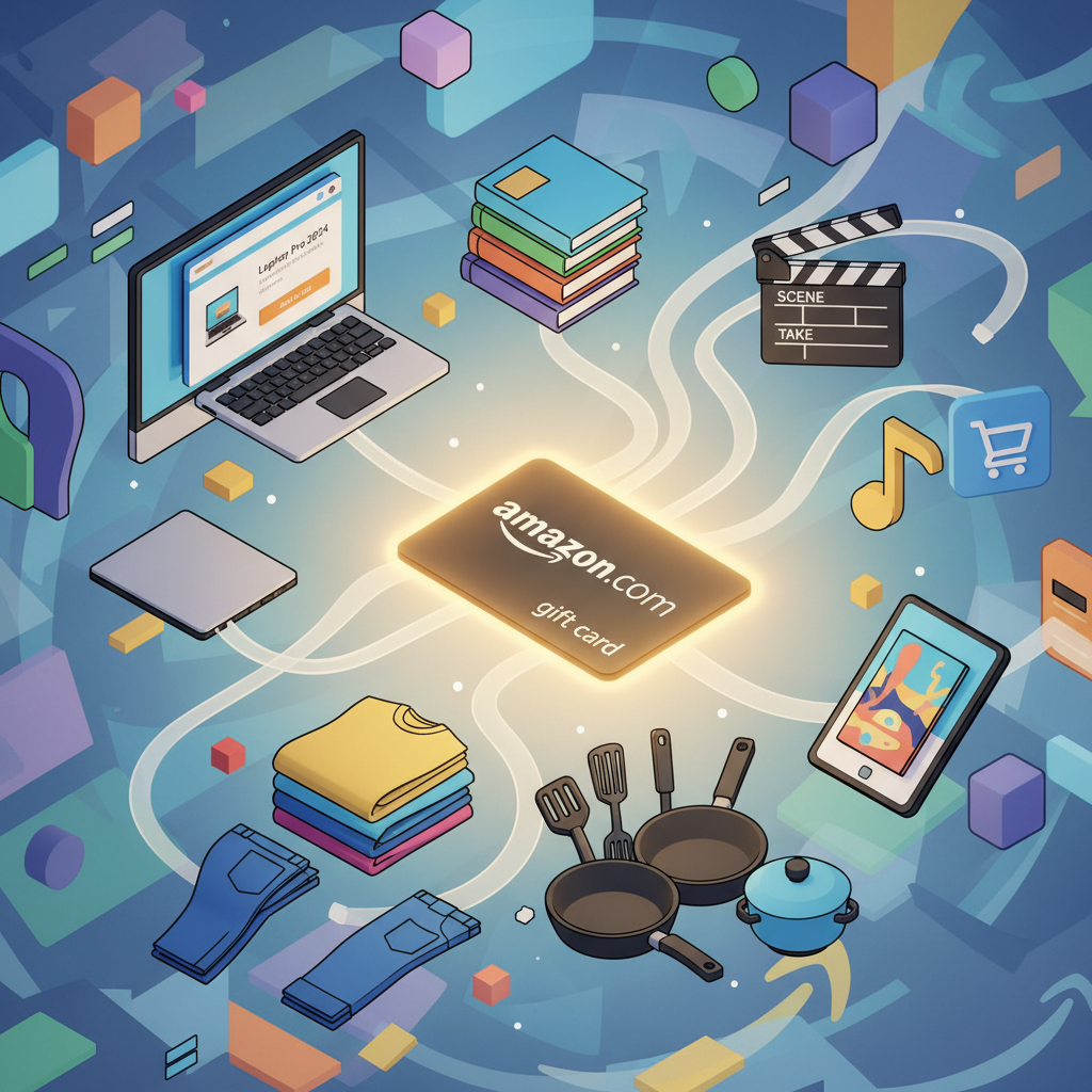 Amazon shopping experience with physical and digital products connected to a glowing Amazon gift card