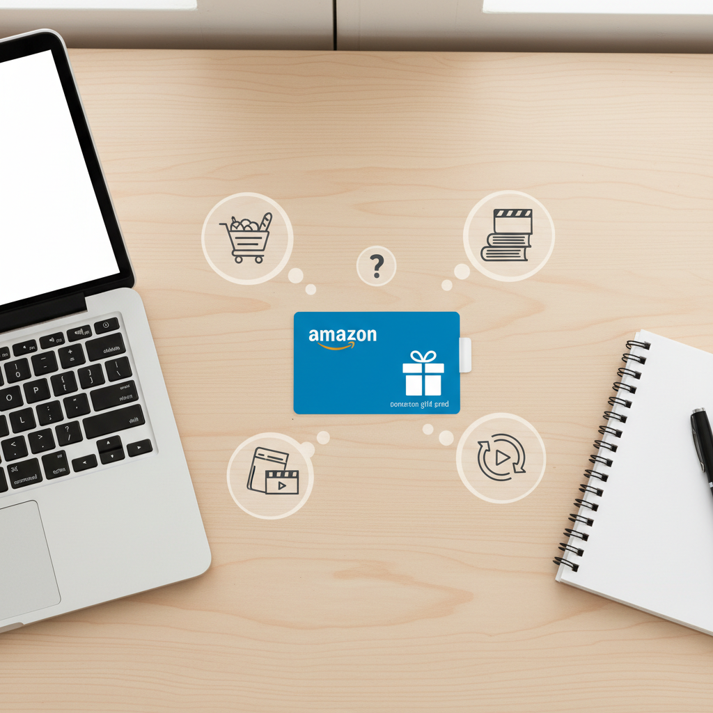 Unused Amazon gift card on a desk surrounded by icons for books, groceries, movies, and subscriptions