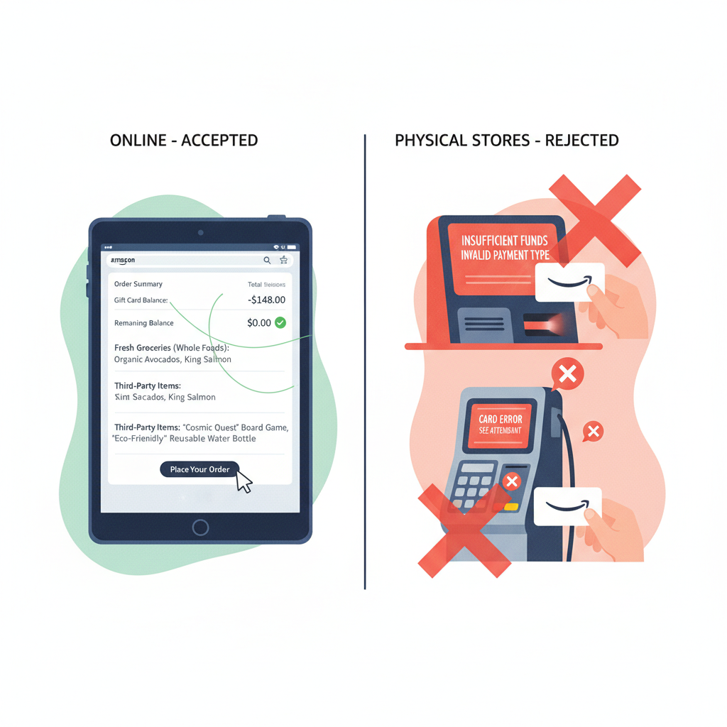 Split scene of Amazon checkout with gift card balance versus physical store rejecting Amazon card
