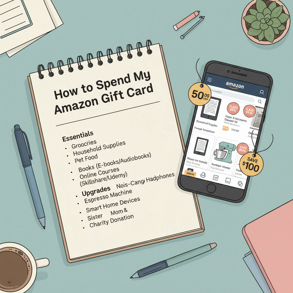 Planner titled How to Spend My Amazon Gift Card with checklist of smart spending ideas next to phone showing Amazon deals