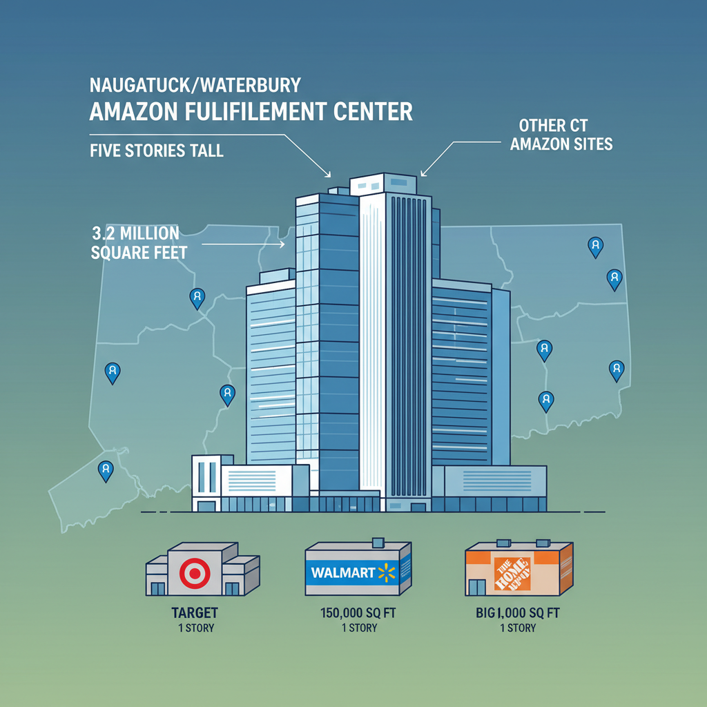 Construction scene with blasting and steel framework of the Amazon warehouse rising on a wooded hilltop near Naugatuck and Waterbury
