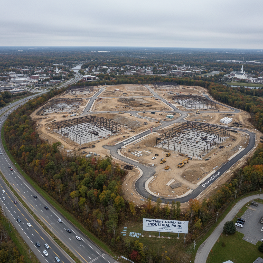 Aerial view of the future Amazon Waterbury–Naugatuck fulfillment center under construction near Route 8 with Sheridan Drive and Great Hill Road access