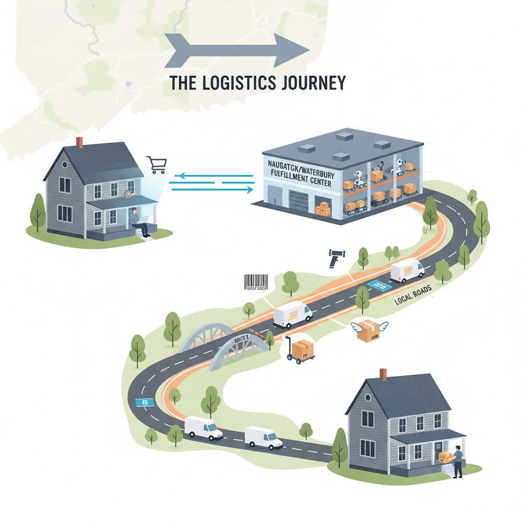 Local workers and staff in safety vests at an Amazon fulfillment center hiring or training session in Connecticut
