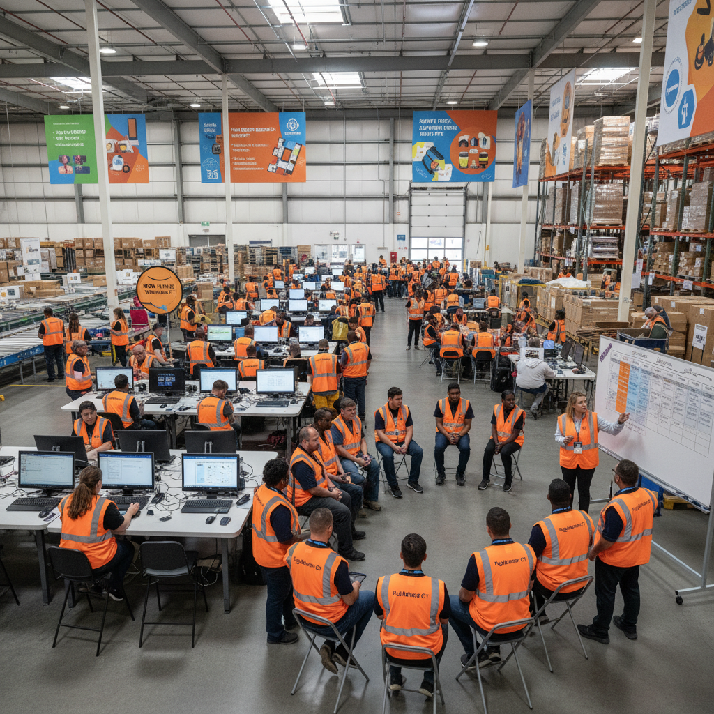 Infographic-style comparison of the massive Naugatuck–Waterbury Amazon warehouse to smaller big-box retail stores and other Connecticut facilities