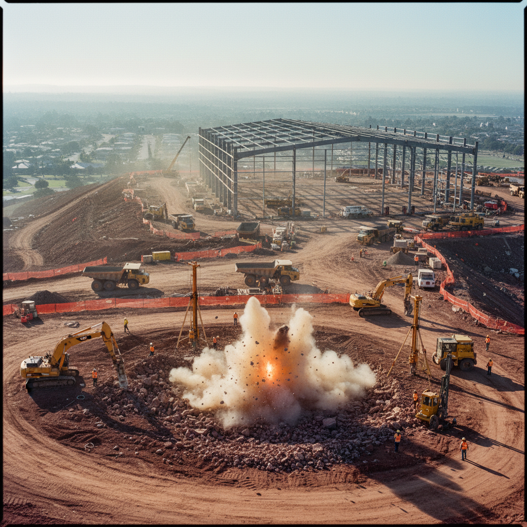 Cutaway interior illustration of a multi-story Amazon robotics fulfillment center with robots, conveyors, and workers